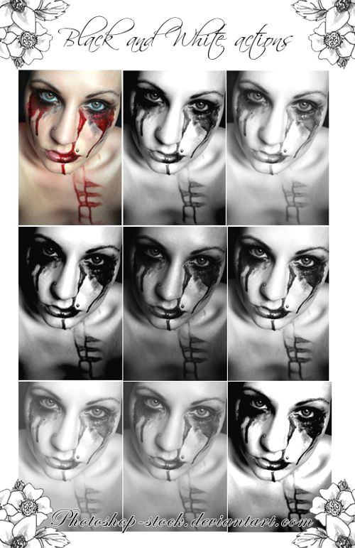 Deadly black and white images through photoshop actions.